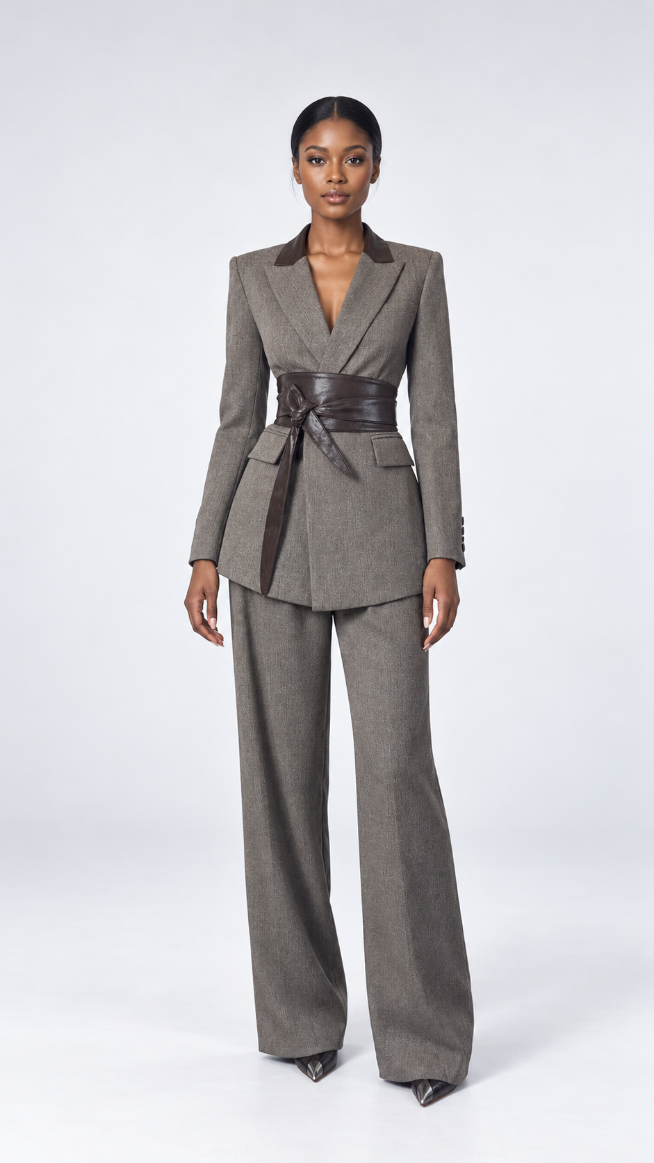 Tailored Blazer and Wide-Leg Pants Set With Waist Wrap – Gray