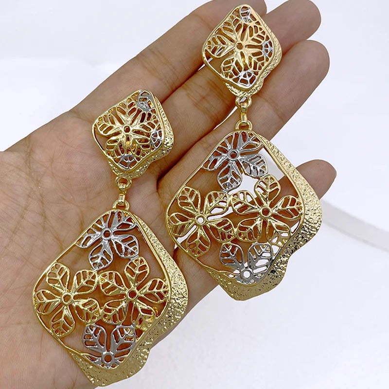 22K Brazilian Gold Geometric Floral Big Drop Earrings