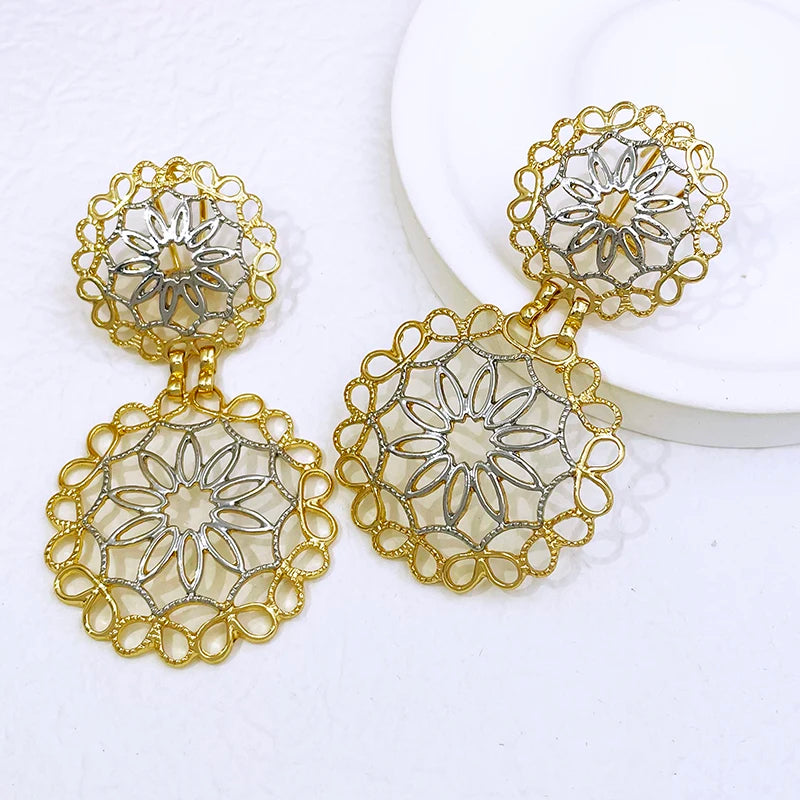 22K Gold Brazilian Floral Hollow Big Drop Earrings