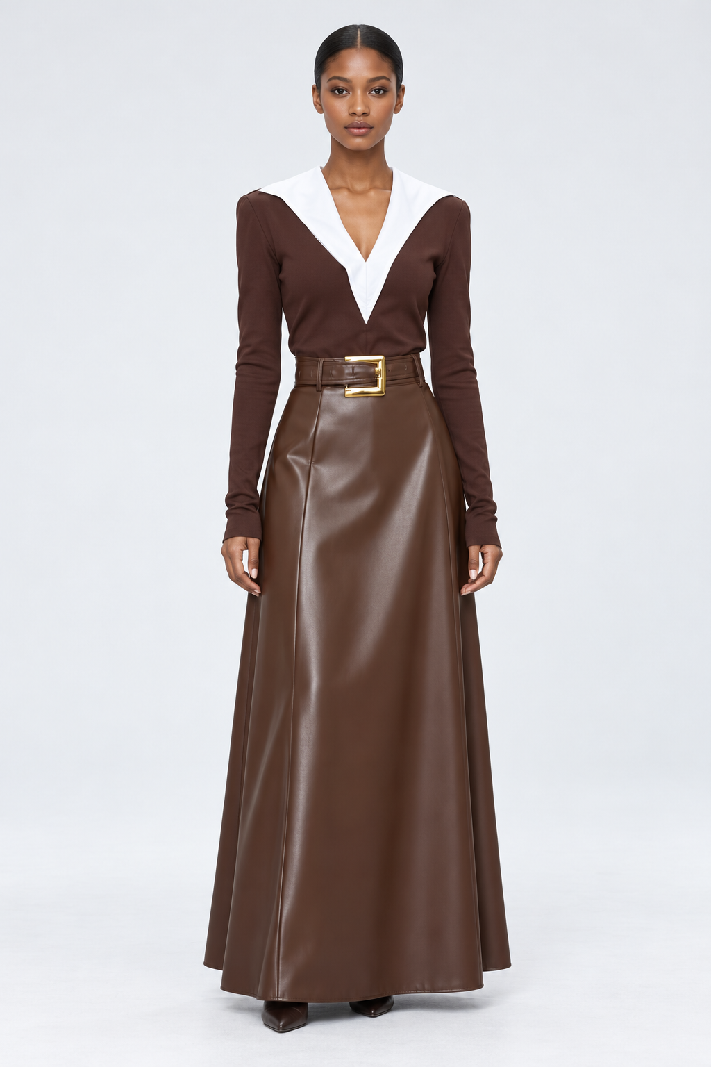 Women's Chocolate Contrast-Collar Pure Cotton Top & Faux Leather Maxi Skirt Set