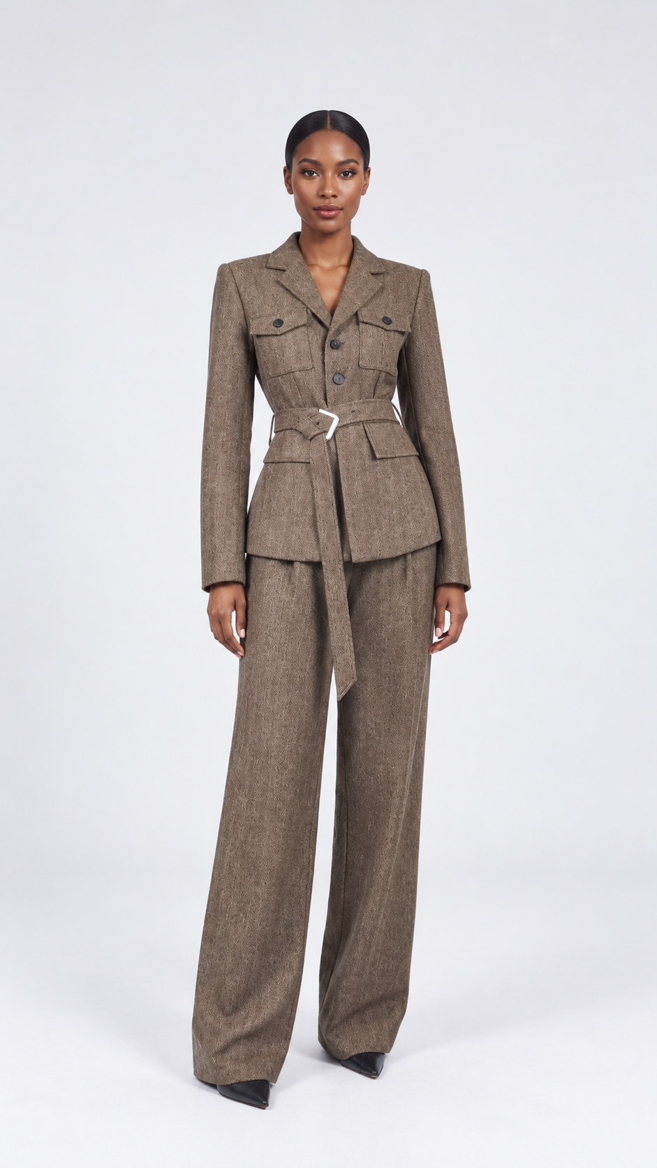 Textured Belted Blazer and Wide-Leg Trousers Set