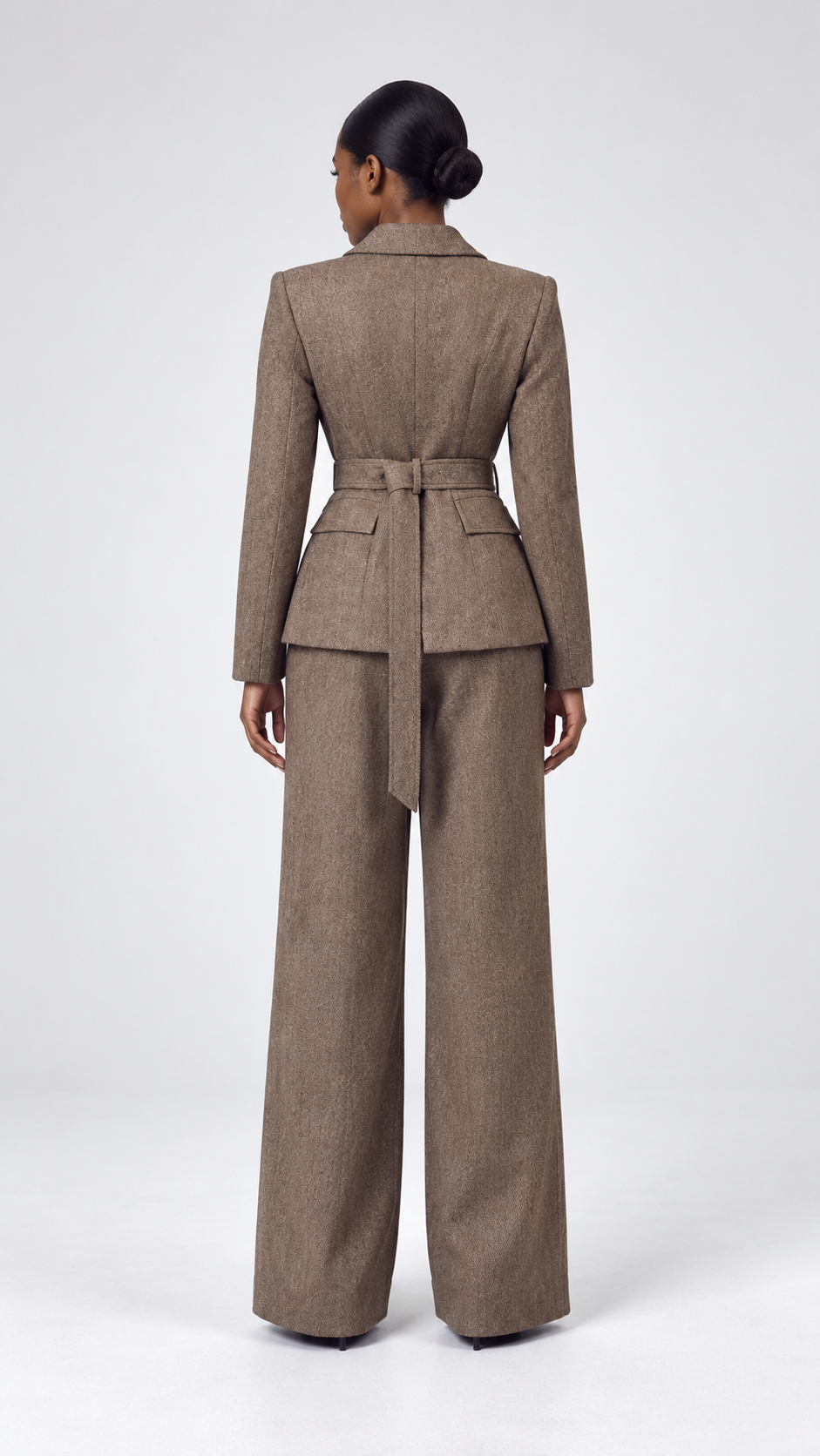 Textured Belted Blazer and Wide-Leg Trousers Set