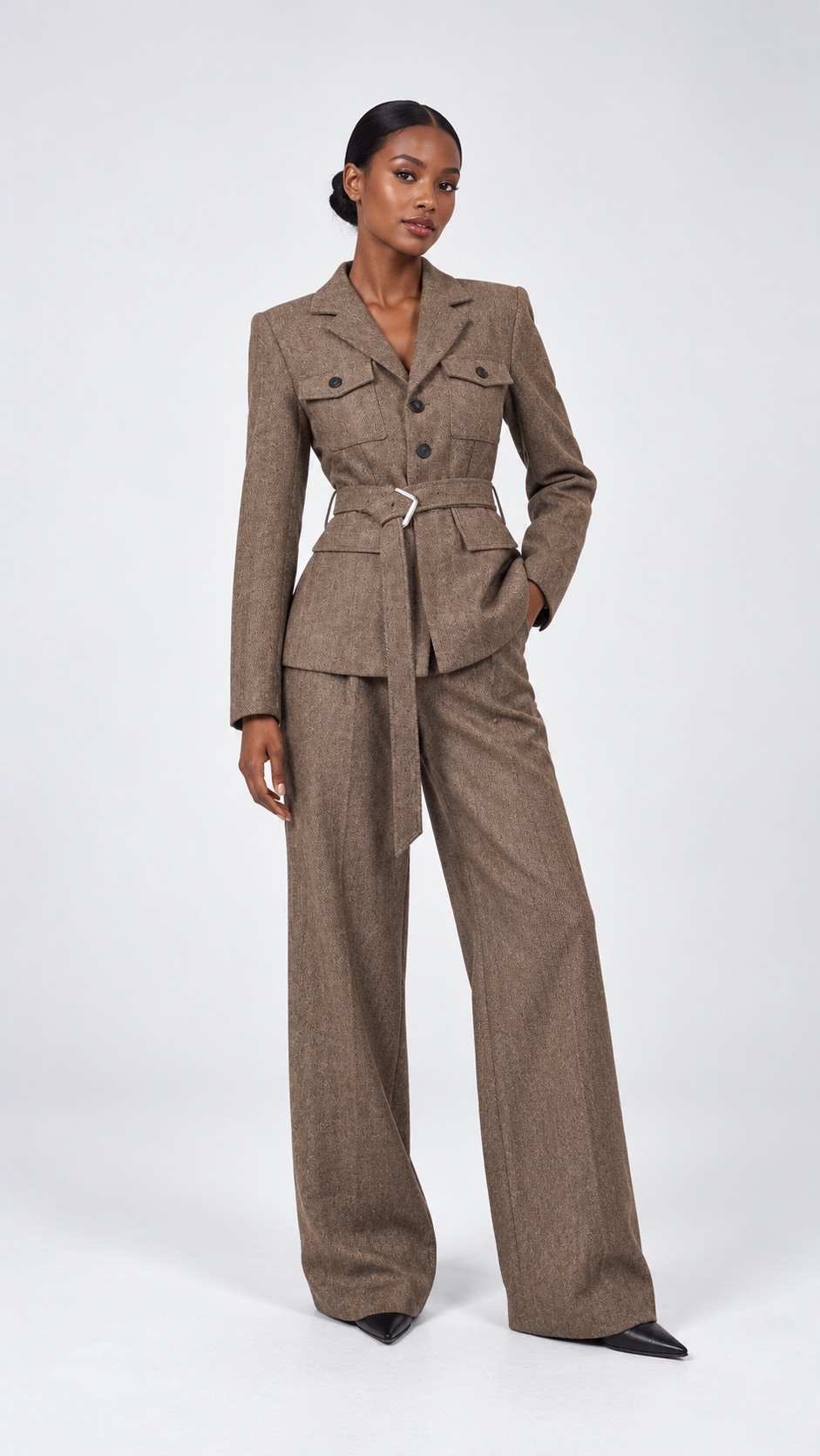 Textured Belted Blazer and Wide-Leg Trousers Set