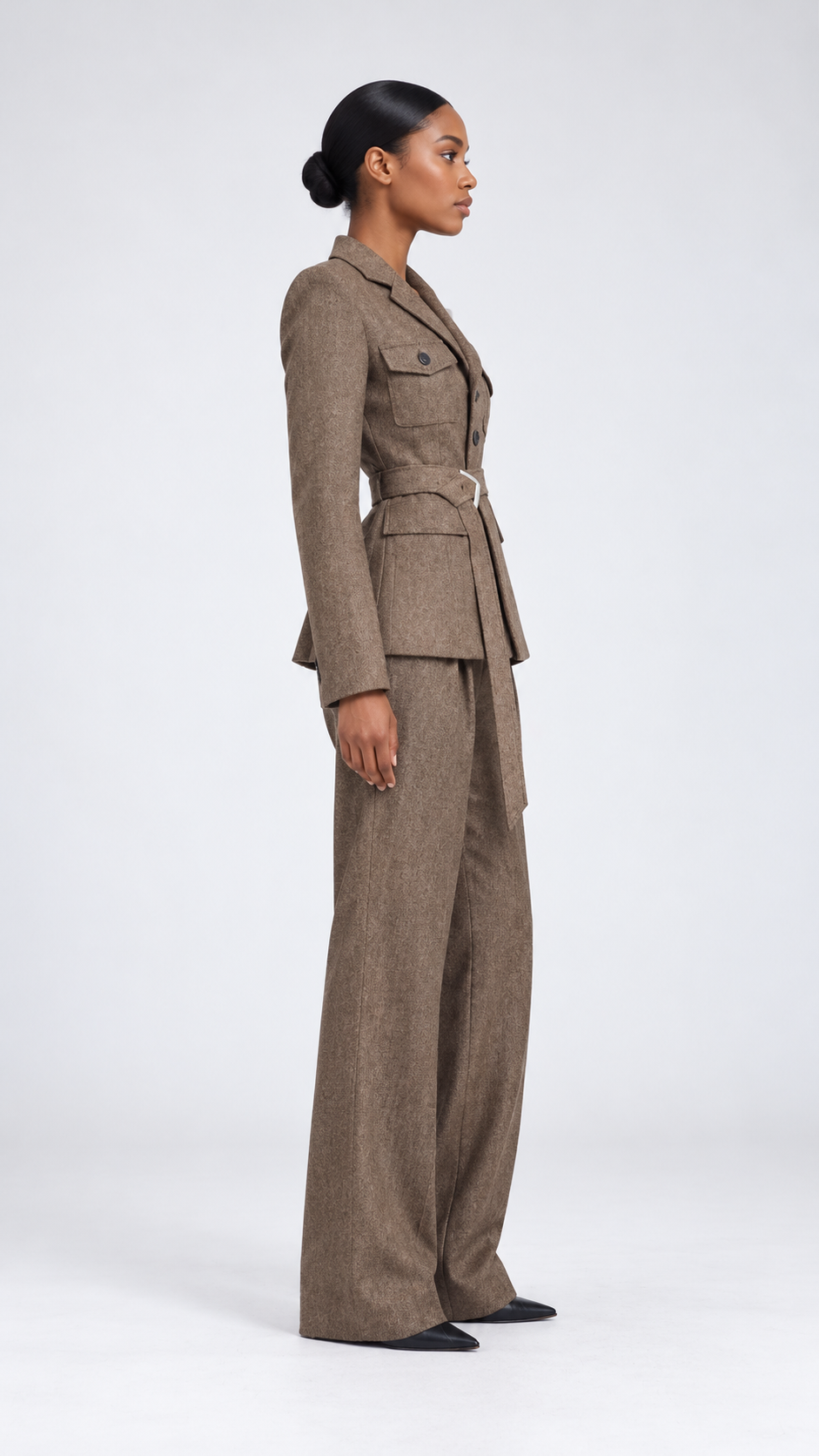 Textured Belted Blazer and Wide-Leg Trousers Set