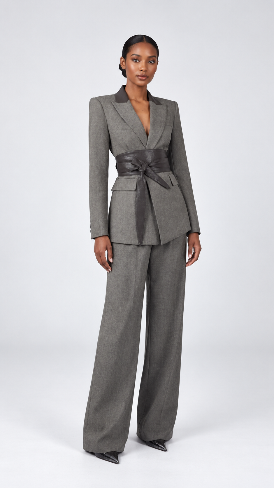 Tailored Blazer and Wide-Leg Pants Set With Waist Wrap – Gray