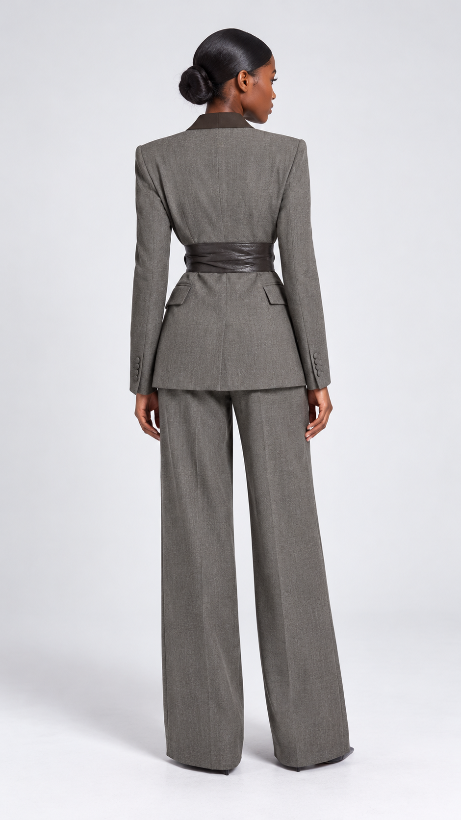 Tailored Blazer and Wide-Leg Pants Set With Waist Wrap – Gray
