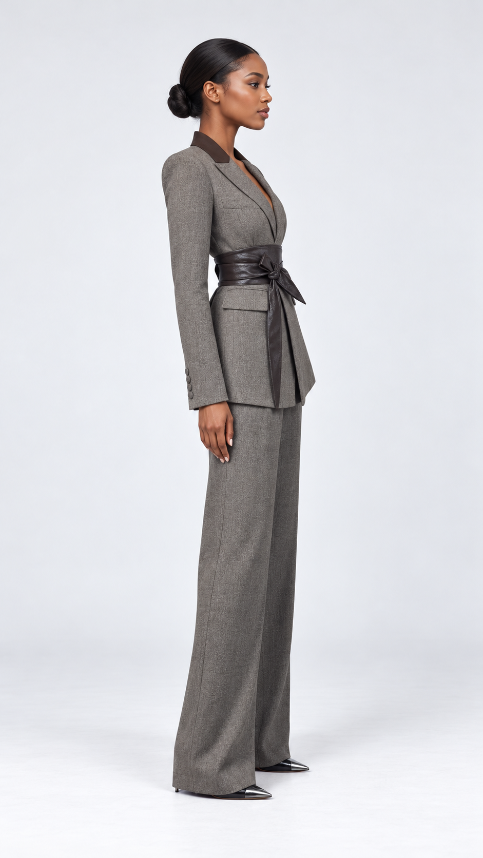 Tailored Blazer and Wide-Leg Pants Set With Waist Wrap – Gray