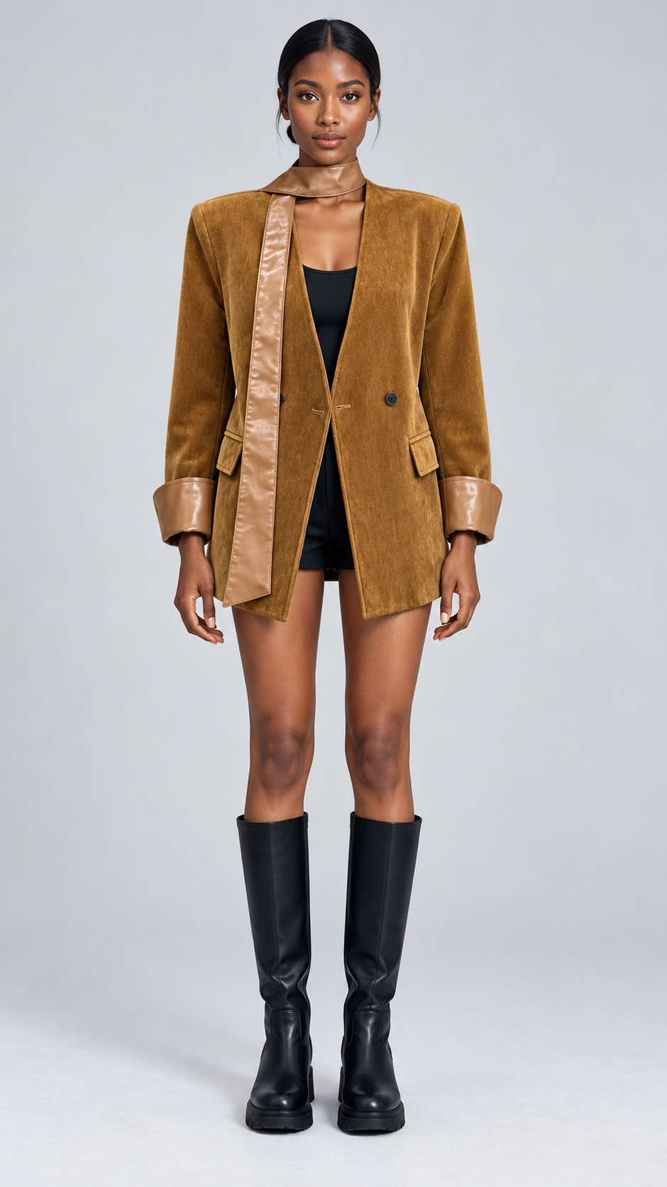 Collarless Textured Blazer with Contrast Trim – Black and Camel