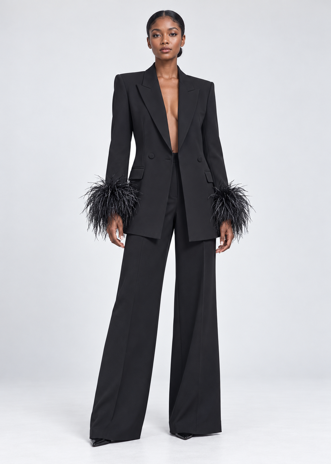 Feather-Trim Blazer and Wide-Leg Trousers Set – Black/Red