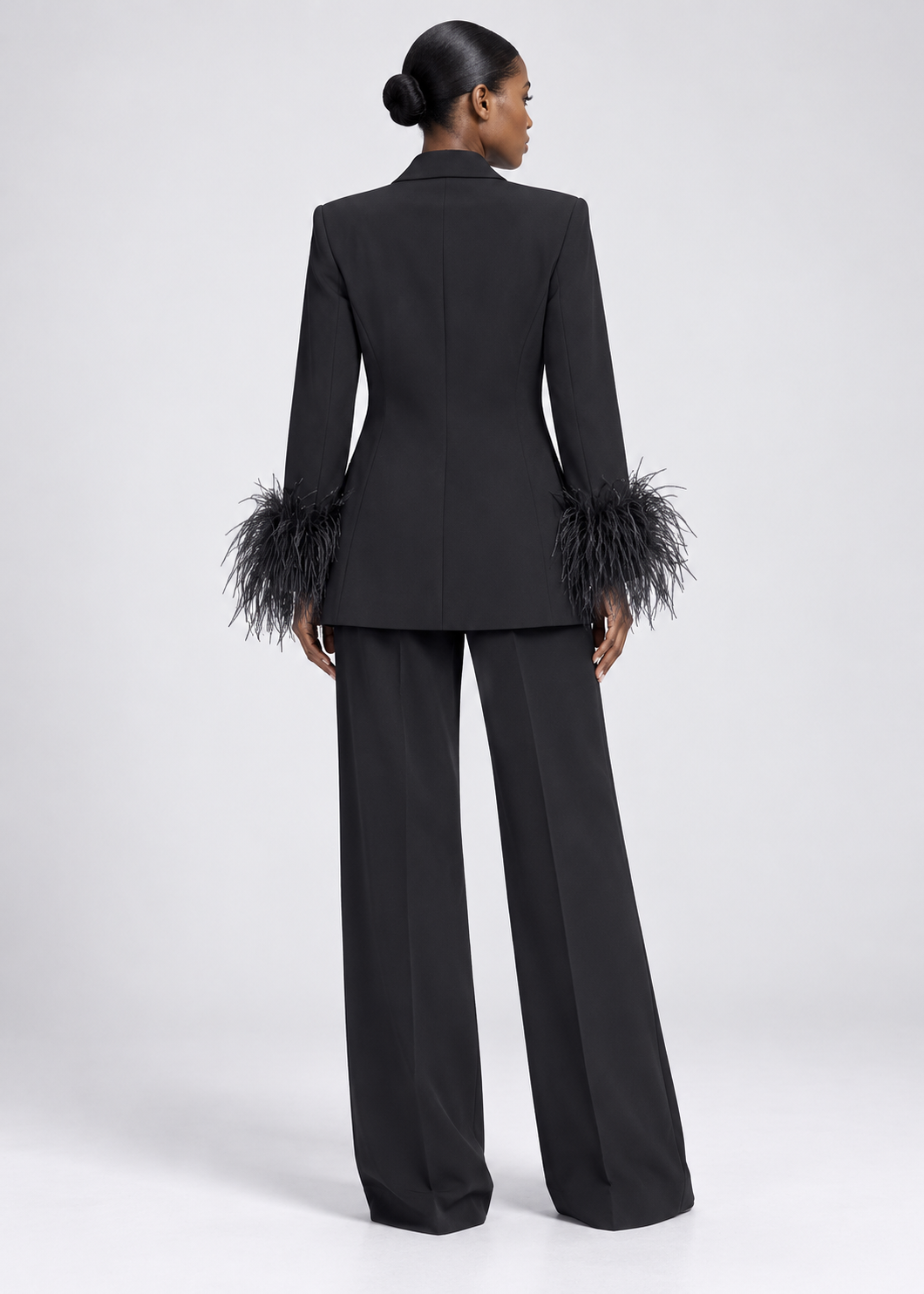 Feather-Trim Blazer and Wide-Leg Trousers Set – Black/Red