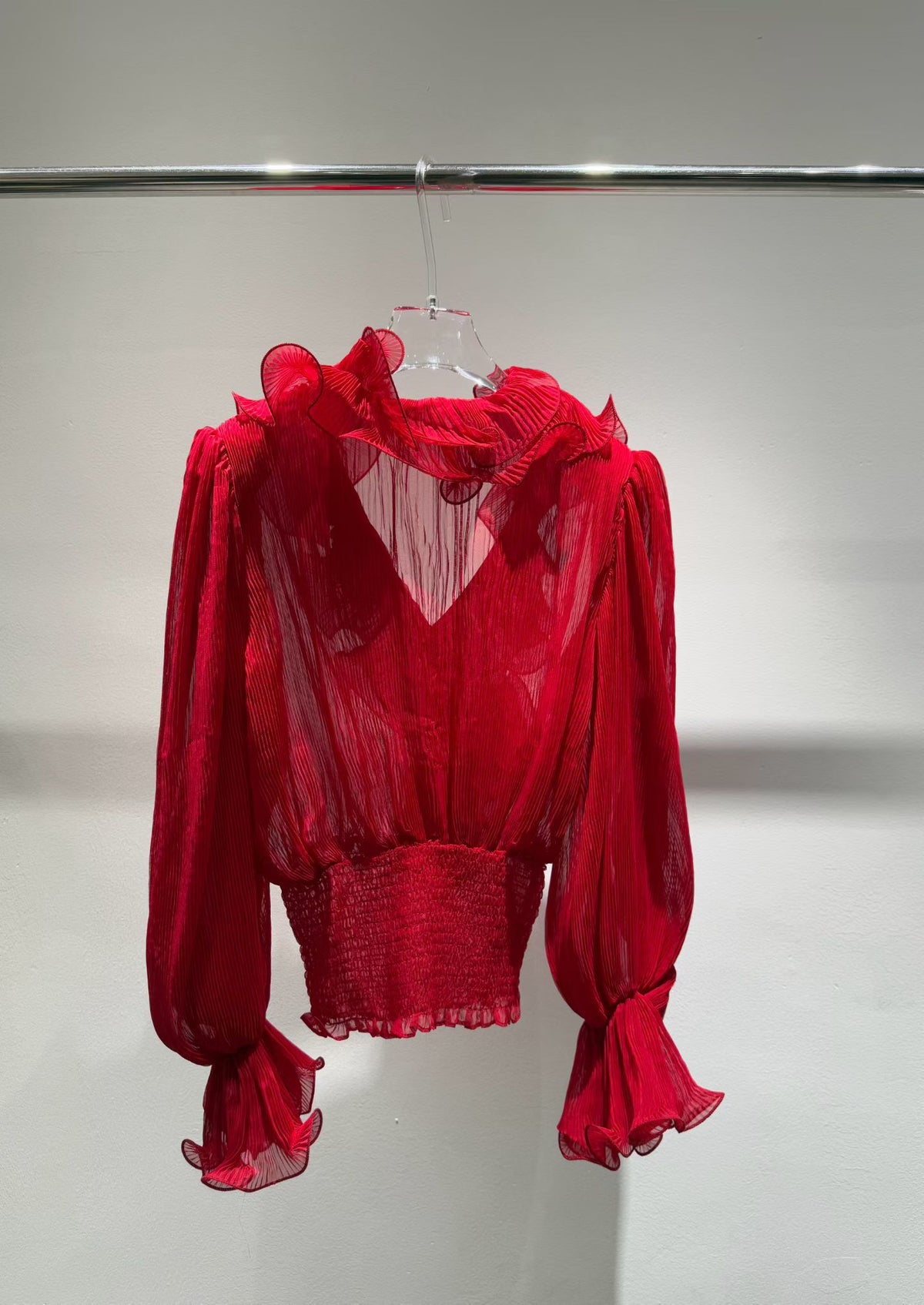 Pleated ruffle blouse in red