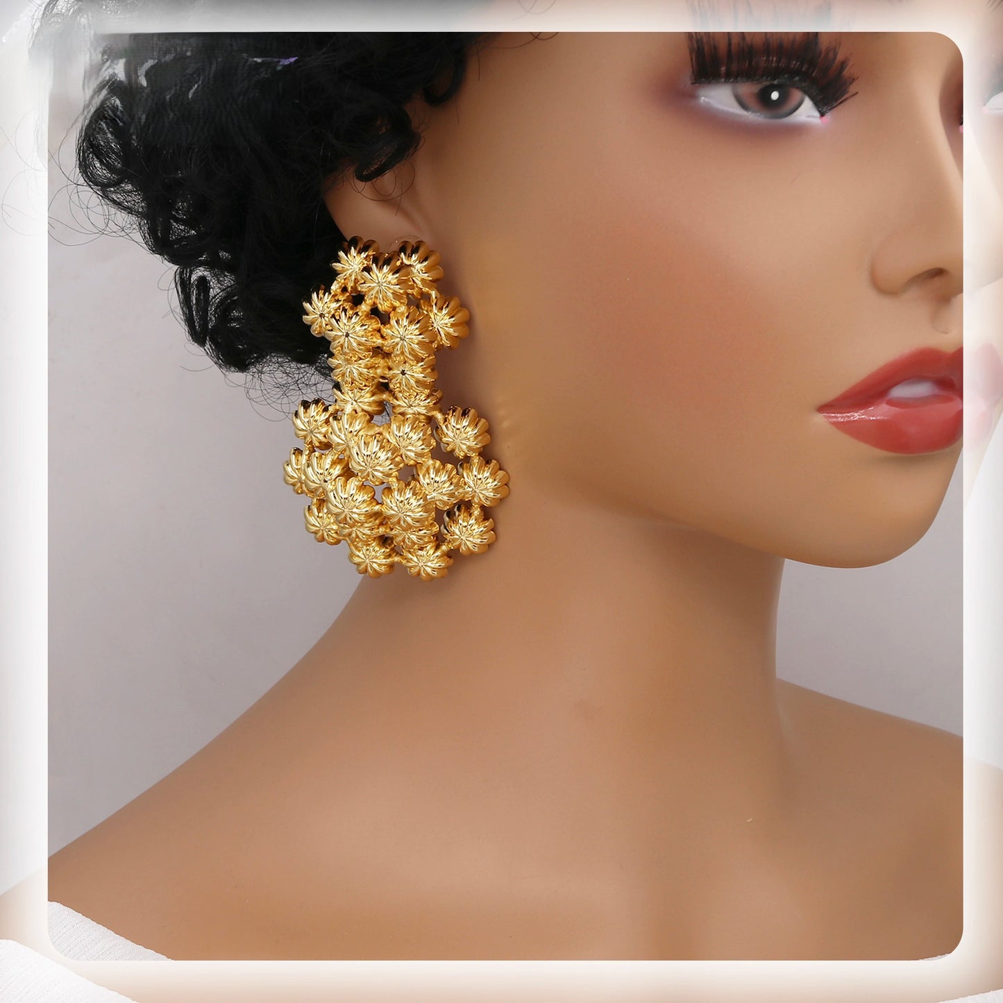 22K Gold Layered Floral Cluster Big Drop Earrings