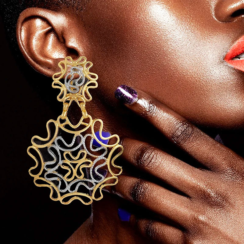 22K Gold Abstract Hollow Big Statement Drop Earrings