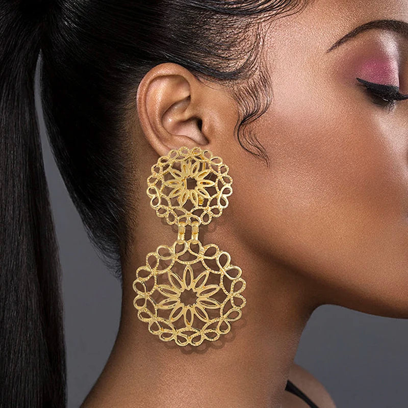 22K Gold Brazilian Floral Hollow Big Drop Earrings