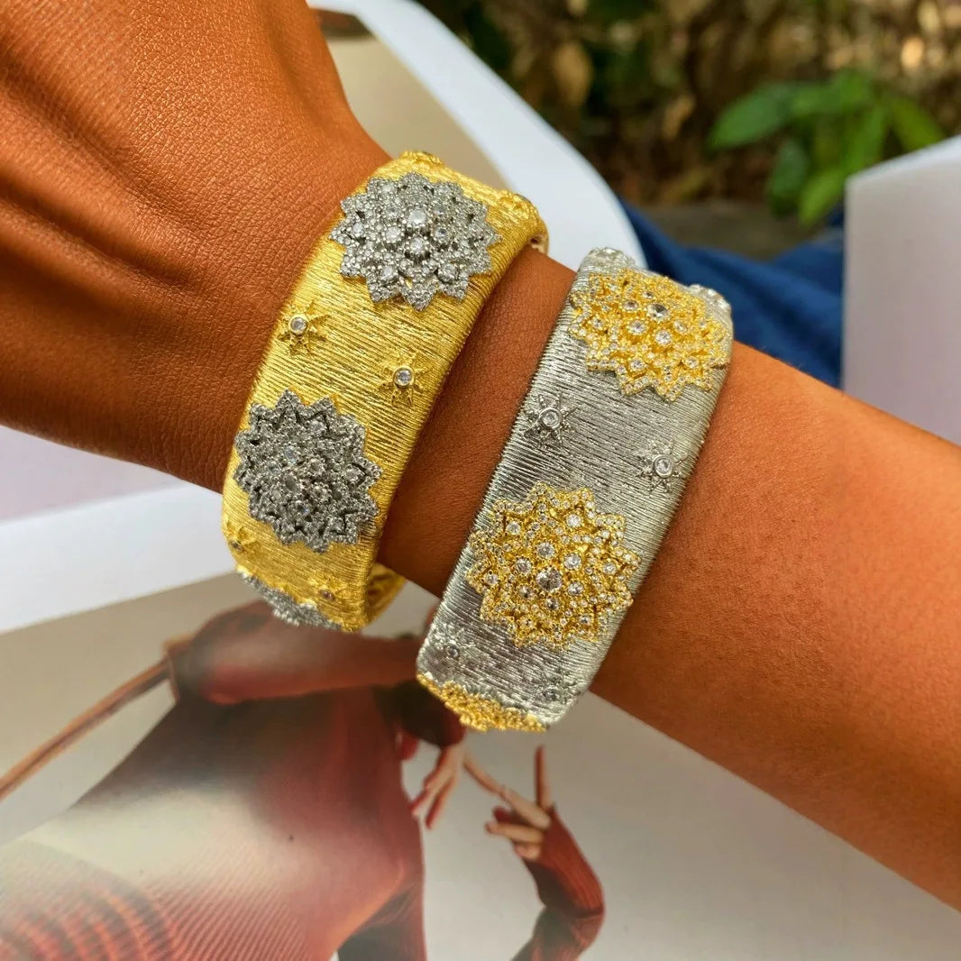 Italian Gold Floral Zirconia Wide Cuff Bangle Ring Set