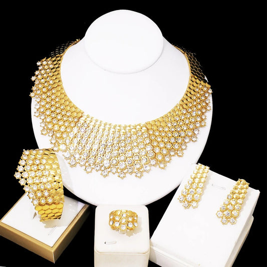 22k Gold Honeycomb Crystal Statement Jewelry Set