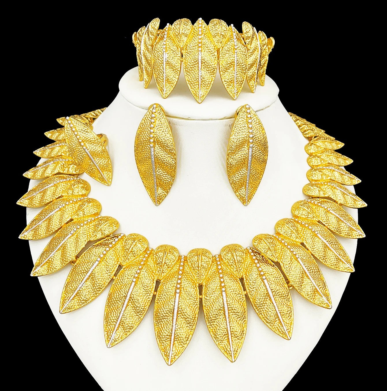 22K Gold Plated  Leaf Pattern Statement Jewelry Set
