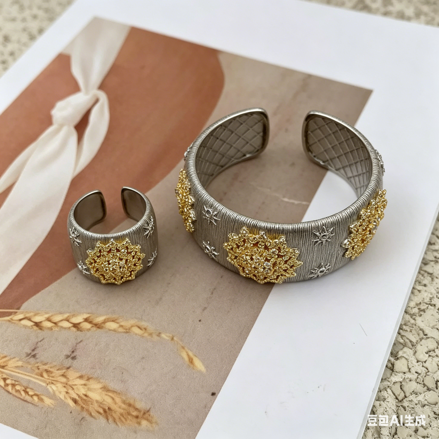 Italian Gold Floral Zirconia Wide Cuff Bangle Ring Set