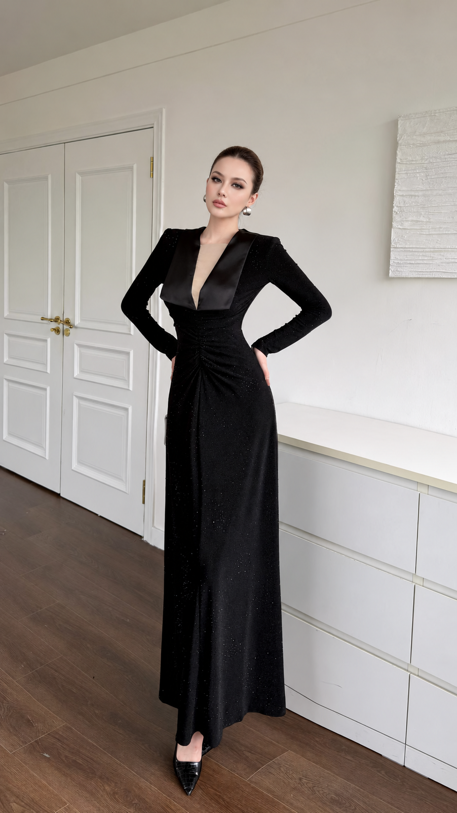Ruched Statement Collar Maxi Dress – Red/Black