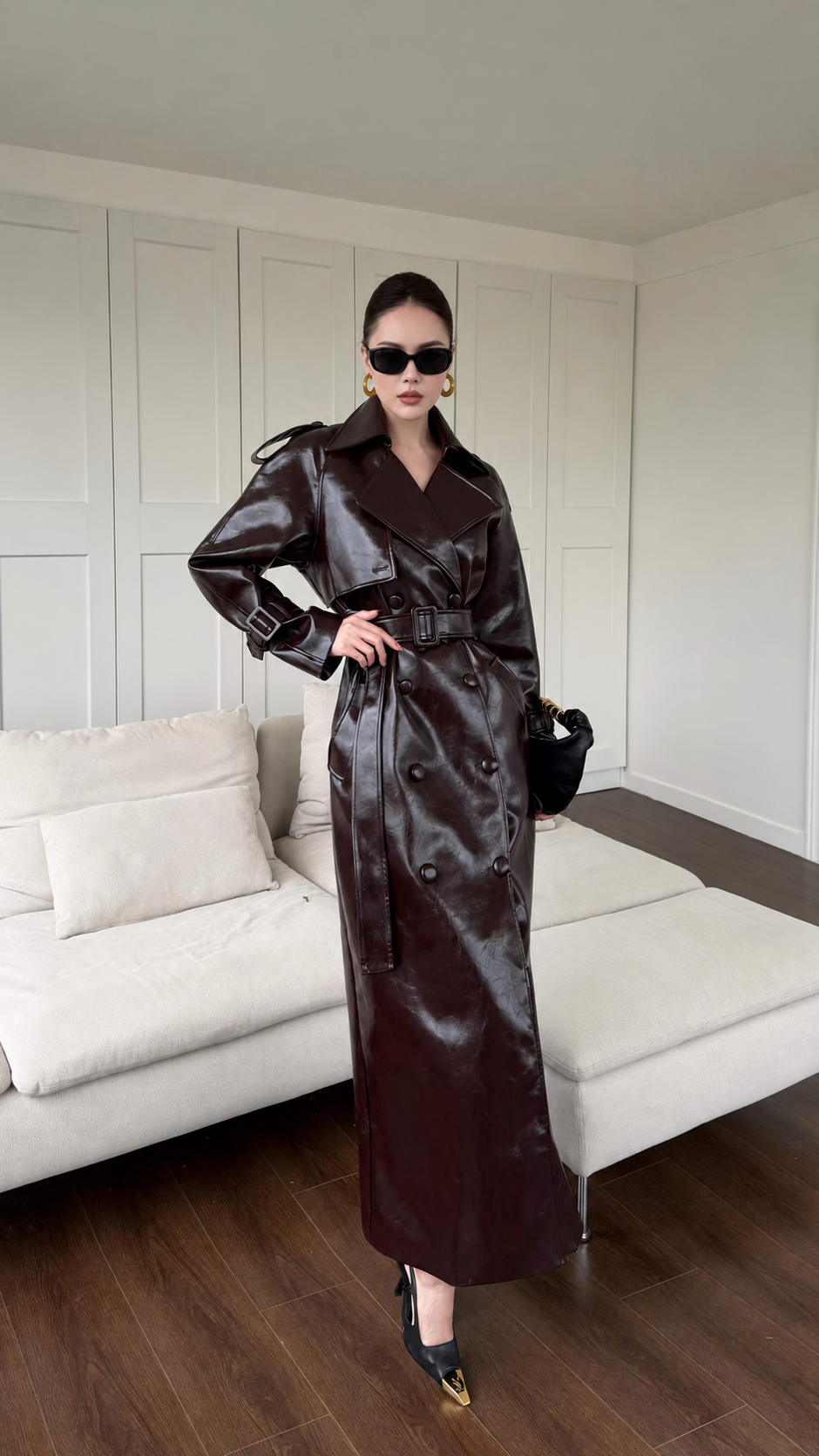 Faux Leather Long Trench Coat, Double-Breasted with Belt