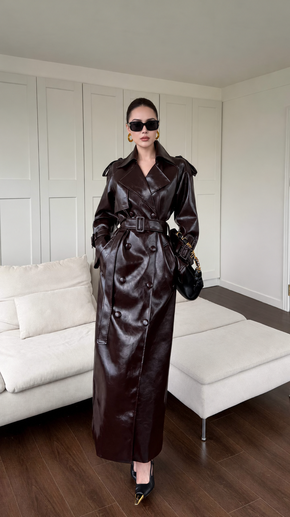 Faux Leather Long Trench Coat, Double-Breasted with Belt