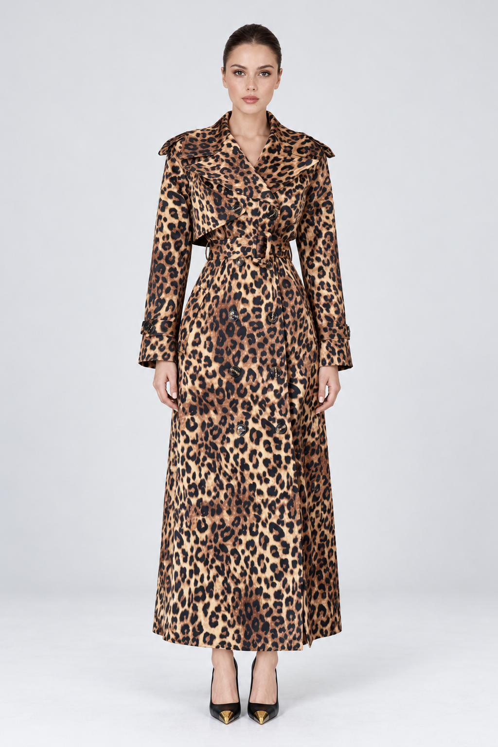 Rust Multi Abstract-Print Belted Maxi Trench Coat