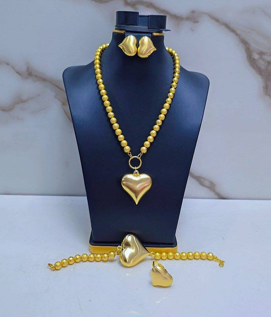 18K Gold Plated Ball Beads Heart Jewelry Set
