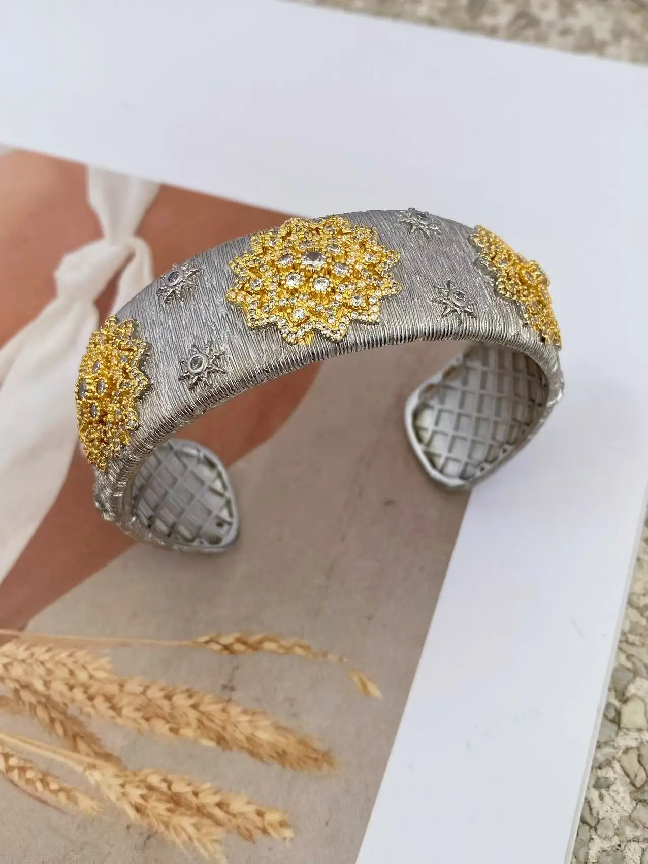 Italian Gold Floral Zirconia Wide Cuff Bangle Ring Set