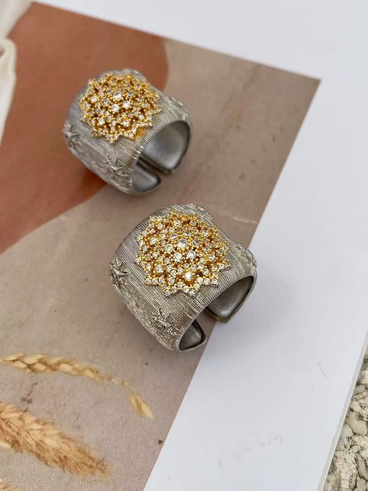 Italian Gold Floral Zirconia Wide Cuff Bangle Ring Set
