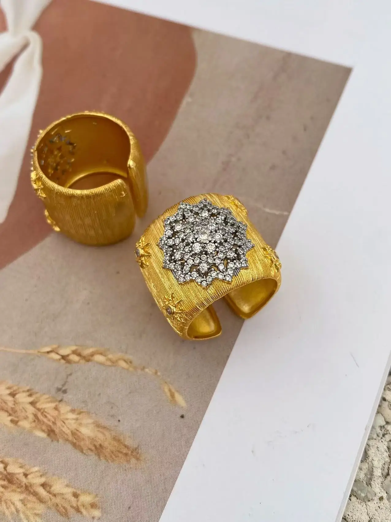 Italian Gold Floral Zirconia Wide Cuff Bangle Ring Set