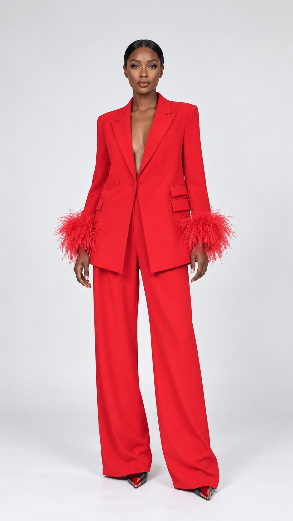 Feather-Trim Blazer and Wide-Leg Trousers Set – Black/Red