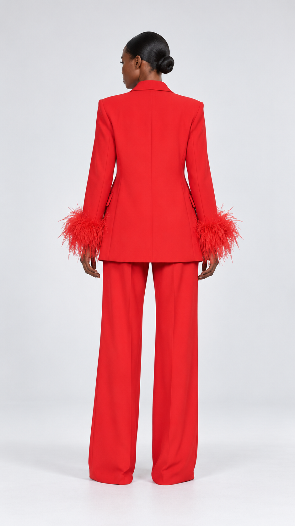 Feather-Trim Blazer and Wide-Leg Trousers Set – Black/Red