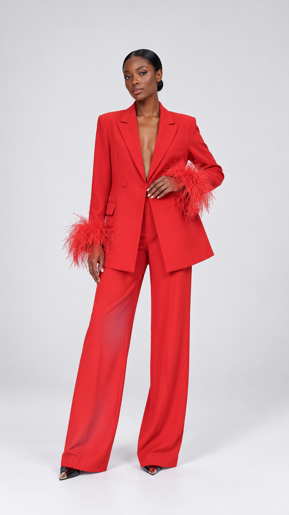 Feather-Trim Blazer and Wide-Leg Trousers Set – Black/Red