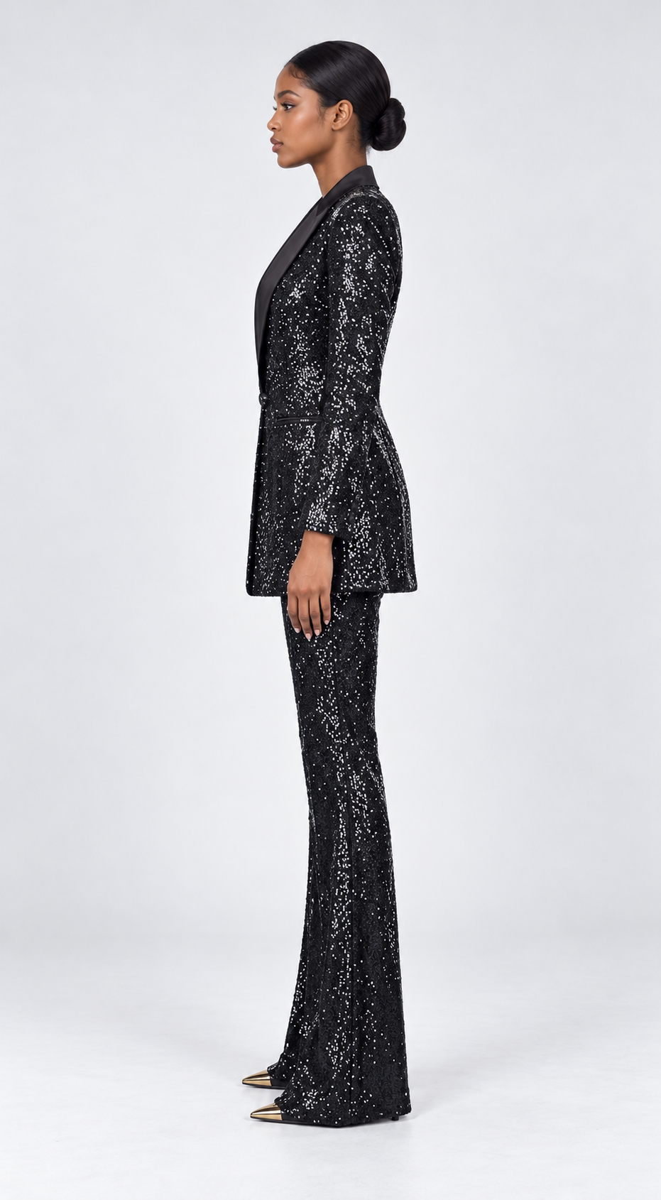 Sequin Blazer & Flared Pant Suit Set – Black