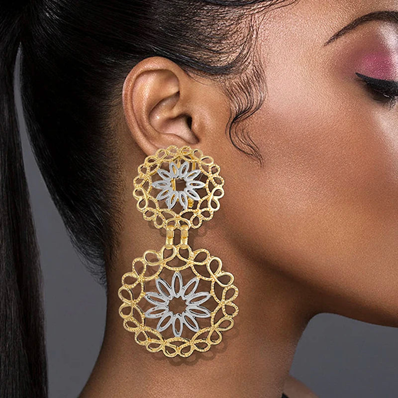 22K Gold Brazilian Floral Hollow Big Drop Earrings