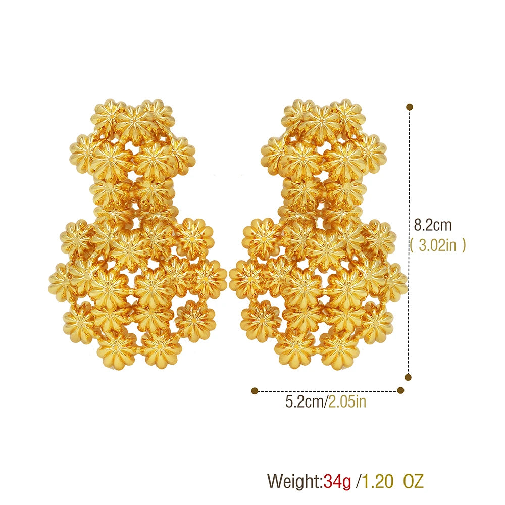 22K Gold Layered Floral Cluster Big Drop Earrings