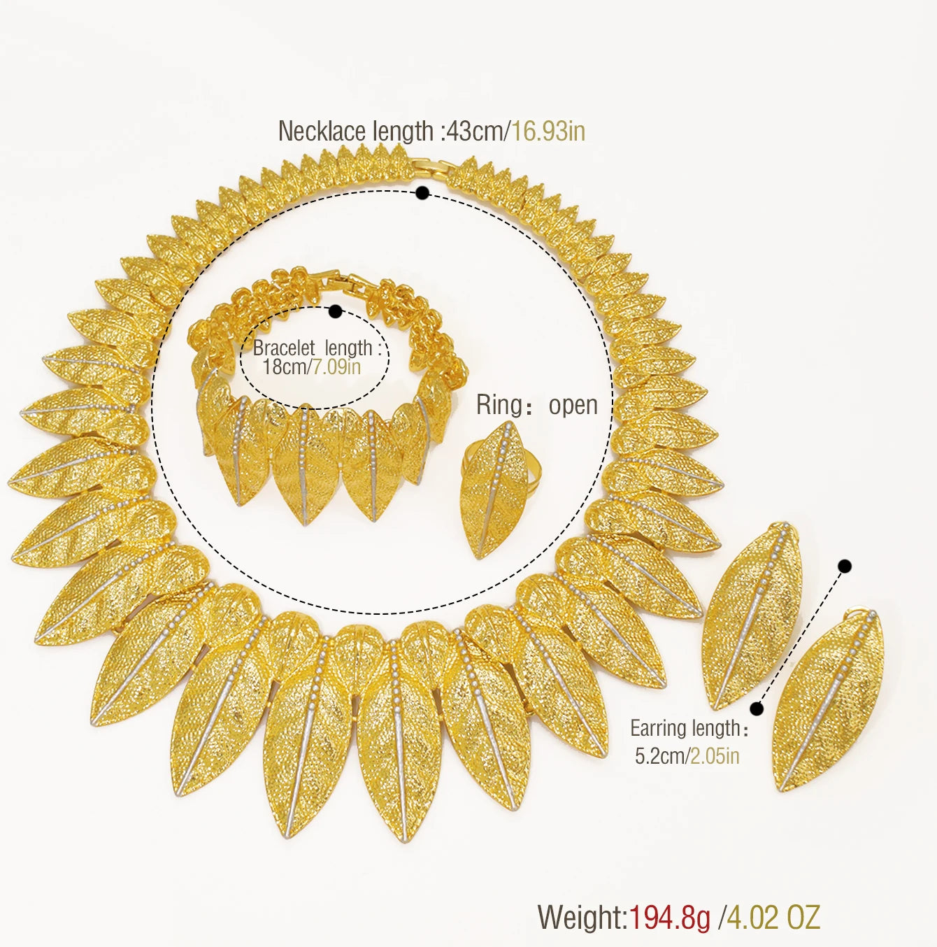 22K Gold Plated  Leaf Pattern Statement Jewelry Set