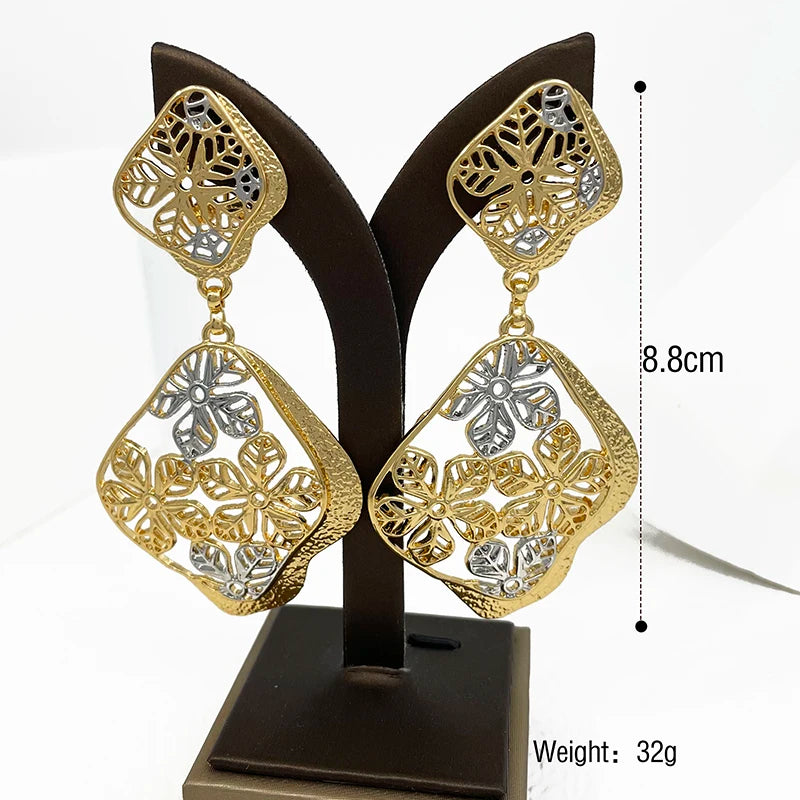 22K Brazilian Gold Geometric Floral Big Drop Earrings