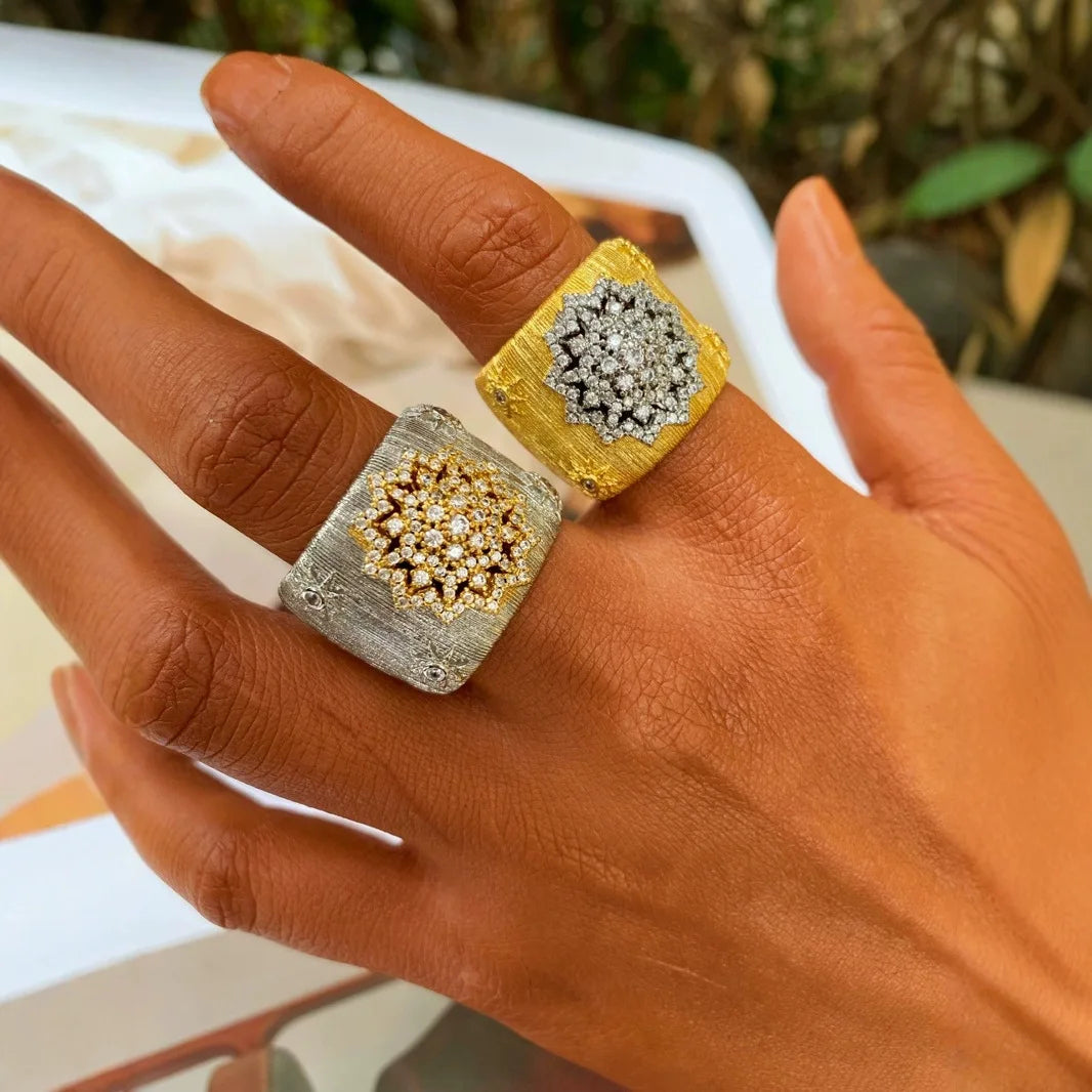 Italian Gold Floral Zirconia Wide Cuff Bangle Ring Set