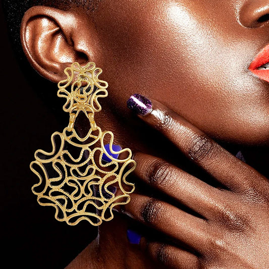22K Gold Abstract Hollow Big Statement Drop Earrings