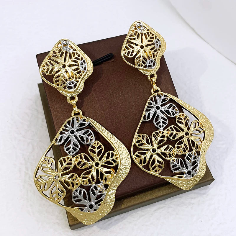 22K Brazilian Gold Geometric Floral Big Drop Earrings