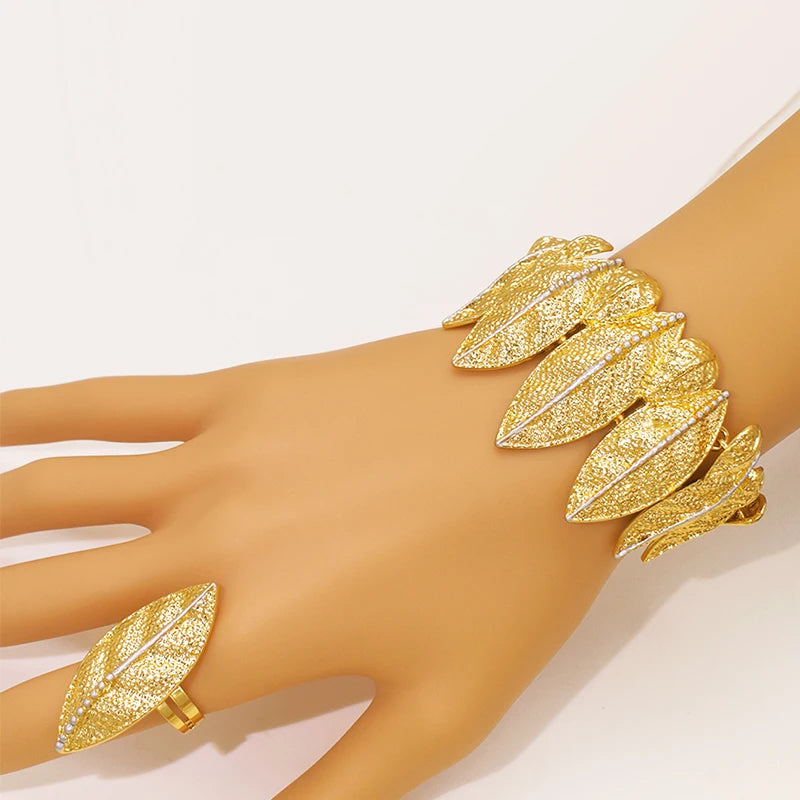22K Gold Plated  Leaf Pattern Statement Jewelry Set