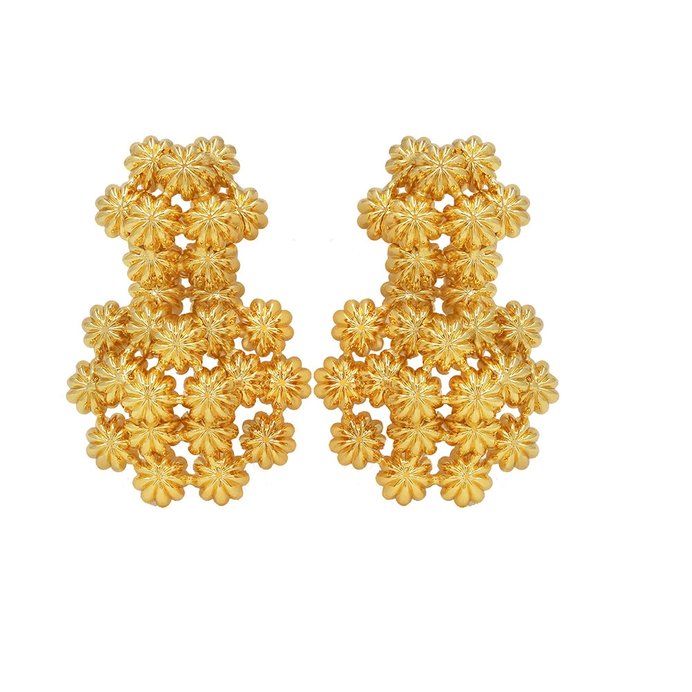 22K Gold Layered Floral Cluster Big Drop Earrings