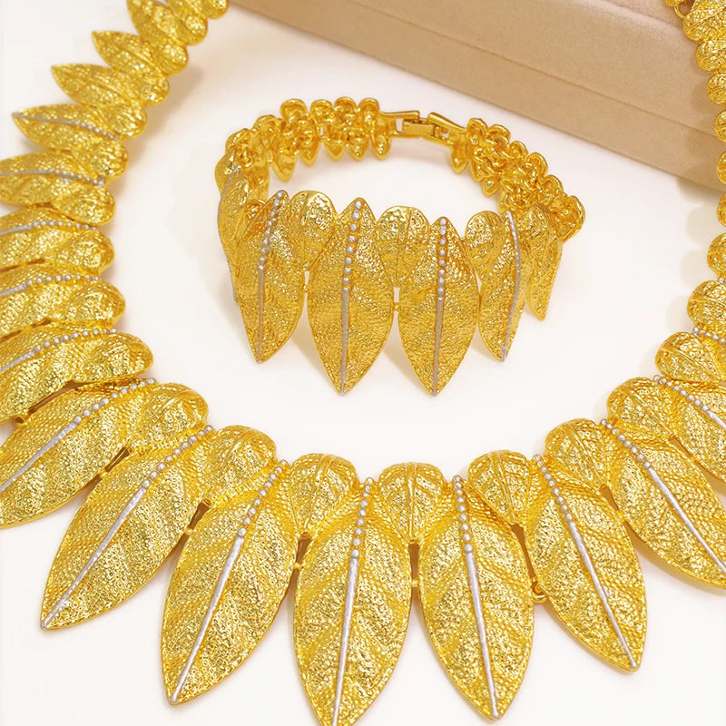 22K Gold Plated  Leaf Pattern Statement Jewelry Set