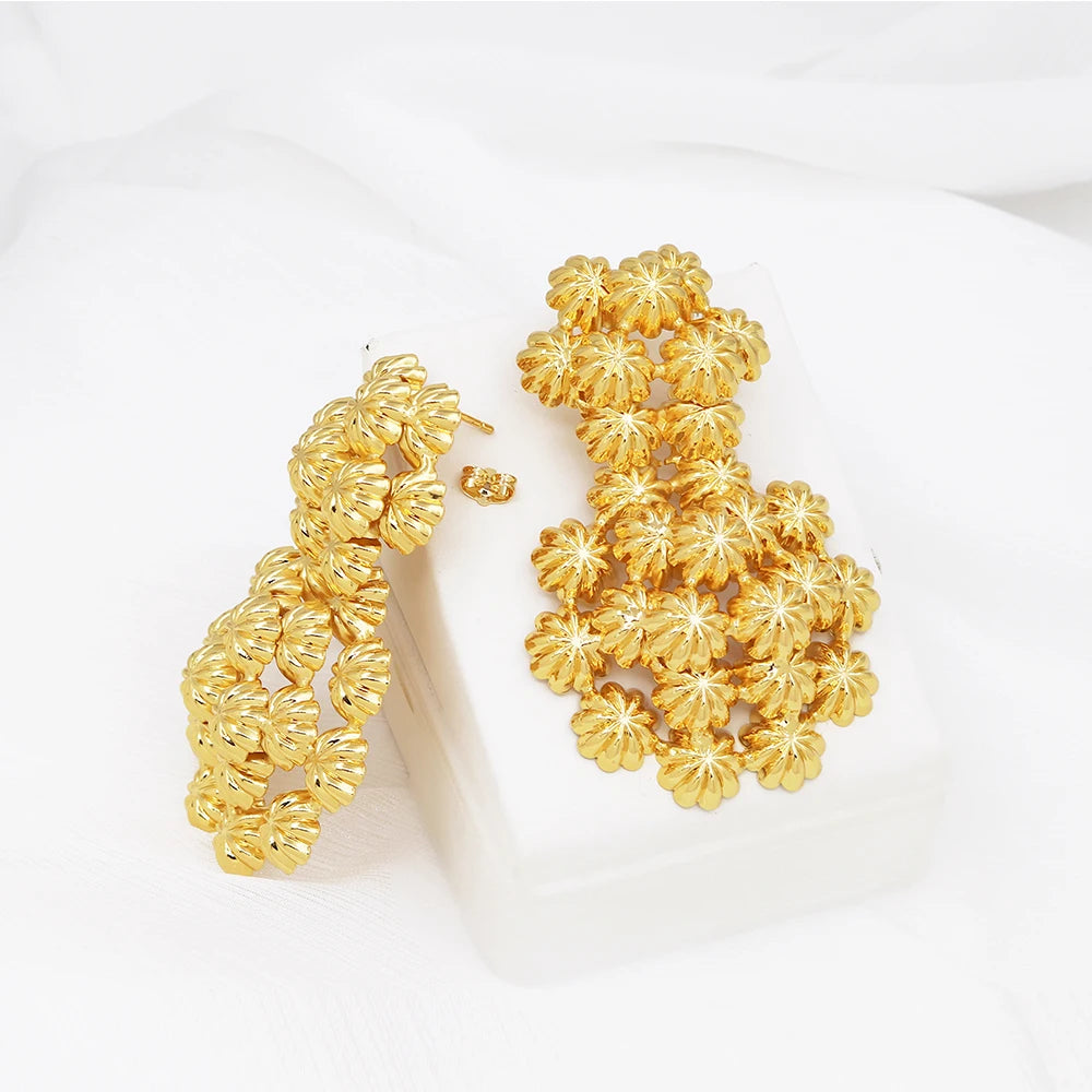 22K Gold Layered Floral Cluster Big Drop Earrings