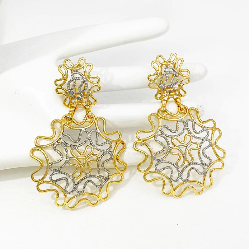 22K Gold Abstract Hollow Big Statement Drop Earrings