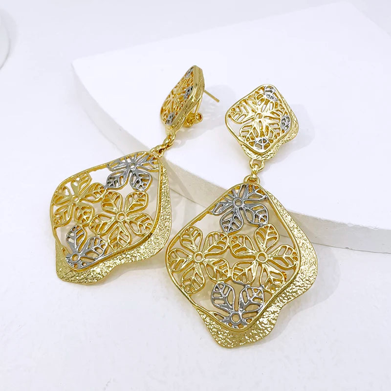 22K Brazilian Gold Geometric Floral Big Drop Earrings