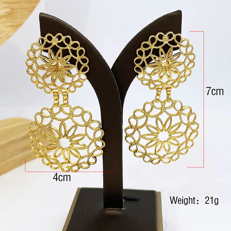 22K Gold Brazilian Floral Hollow Big Drop Earrings