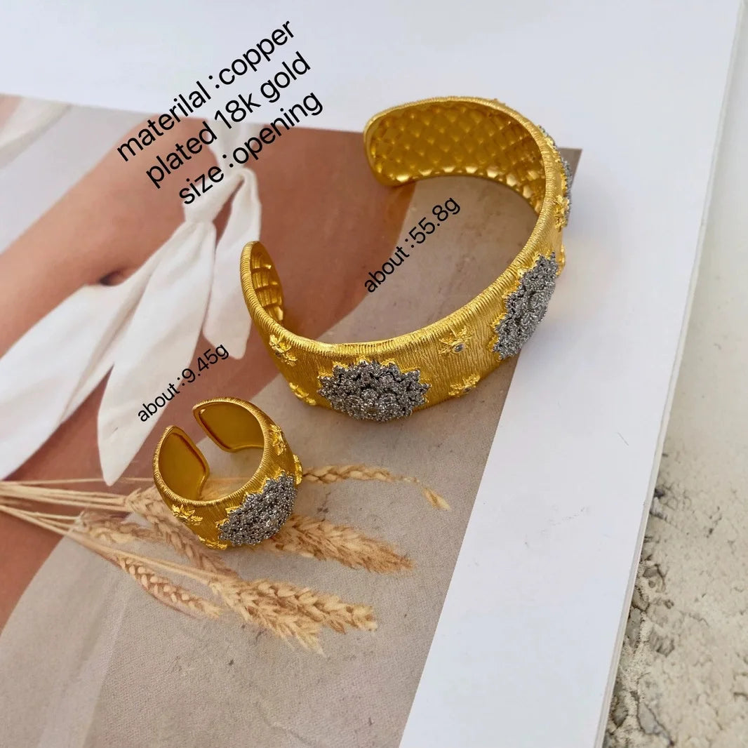 Italian Gold Floral Zirconia Wide Cuff Bangle Ring Set