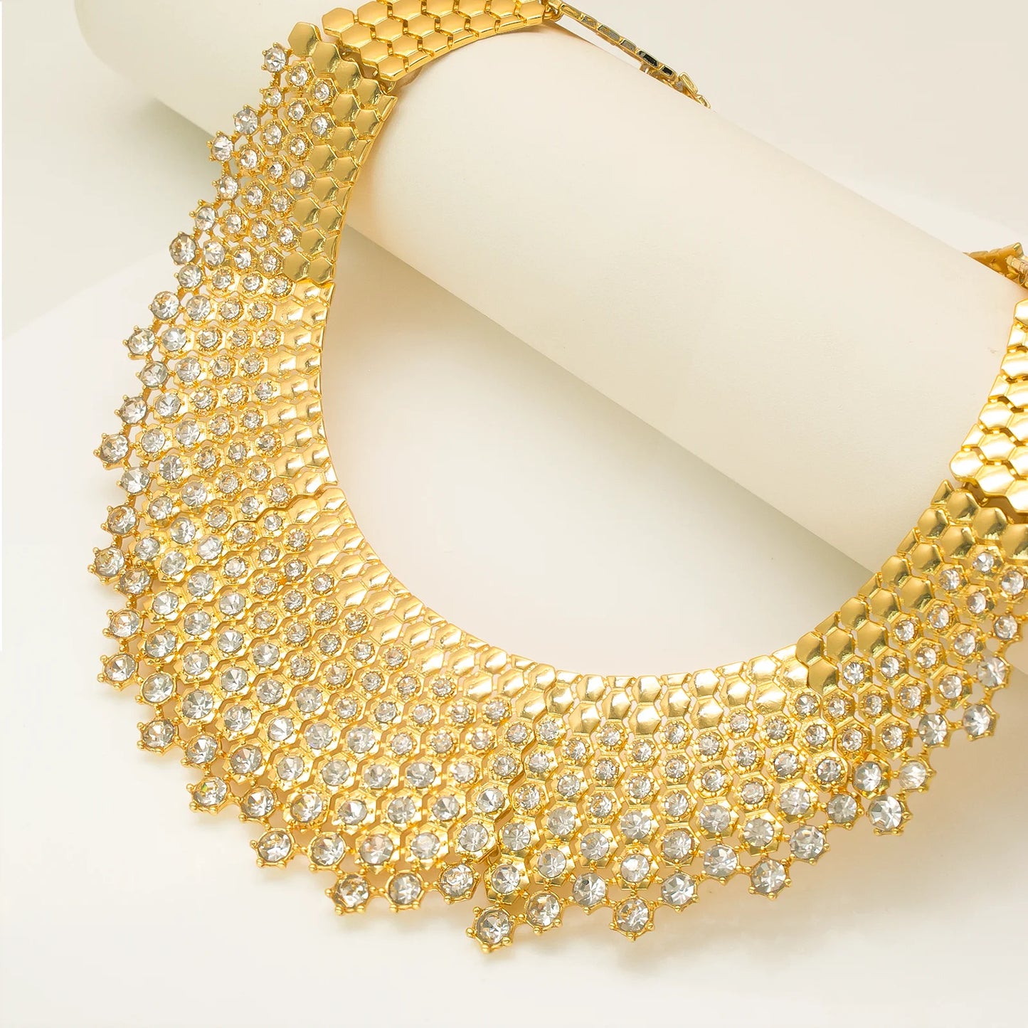 22k Gold Honeycomb Crystal Statement Jewelry Set